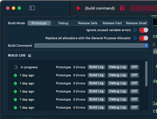 Build Settings Popover Window